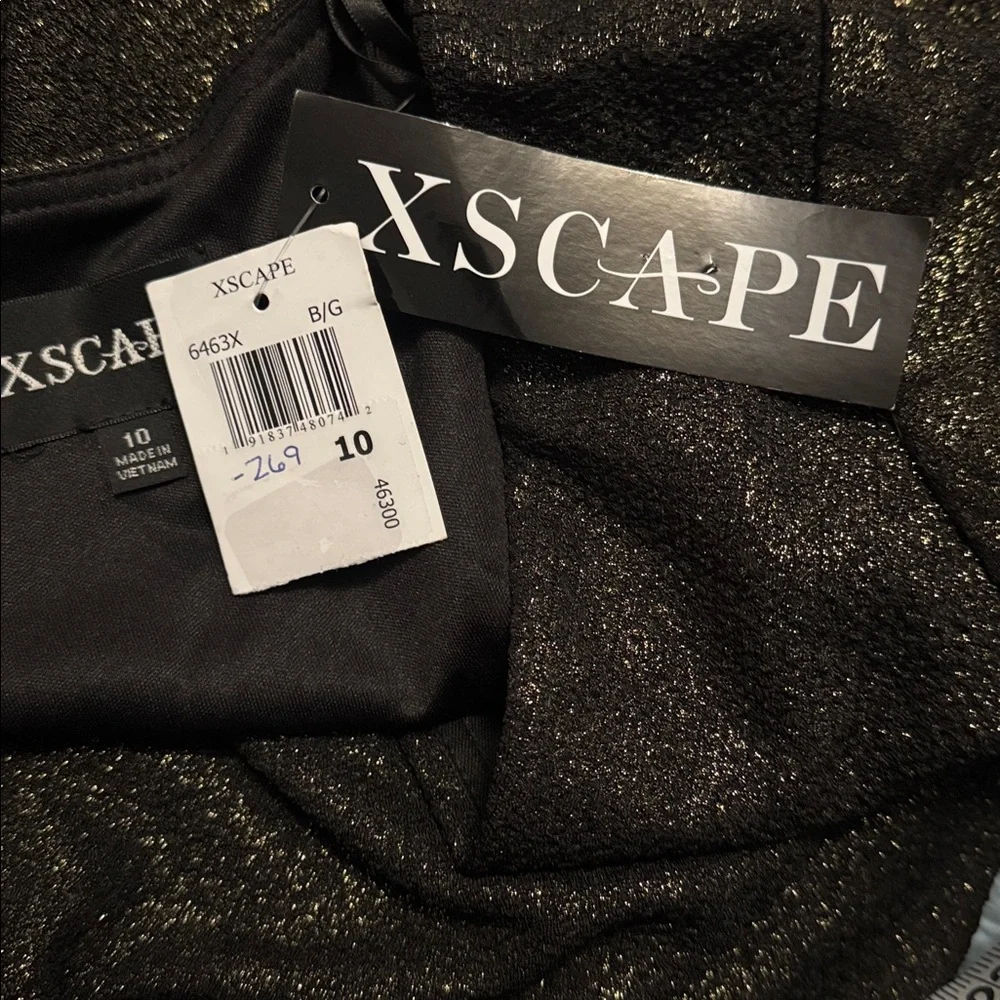 XSCAPE Women's Ruched Foil-Knit Long-Sleeve Formal Gown Black/Gold 10 New